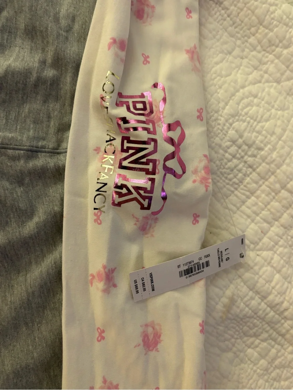 PINK Victoria's Secret LoveShackFancy Gray Leggings with Pink Fold-Over Waist - Picture 2 of 3